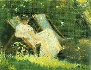 Peter Severin Kroyer kunstnerens hustru siddende i en havestol i deres have pa skagen Germany oil painting artist